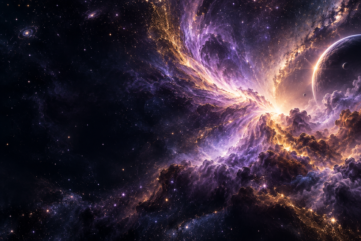Majestic violet and gold nebula with stars and a luminous crescent planet